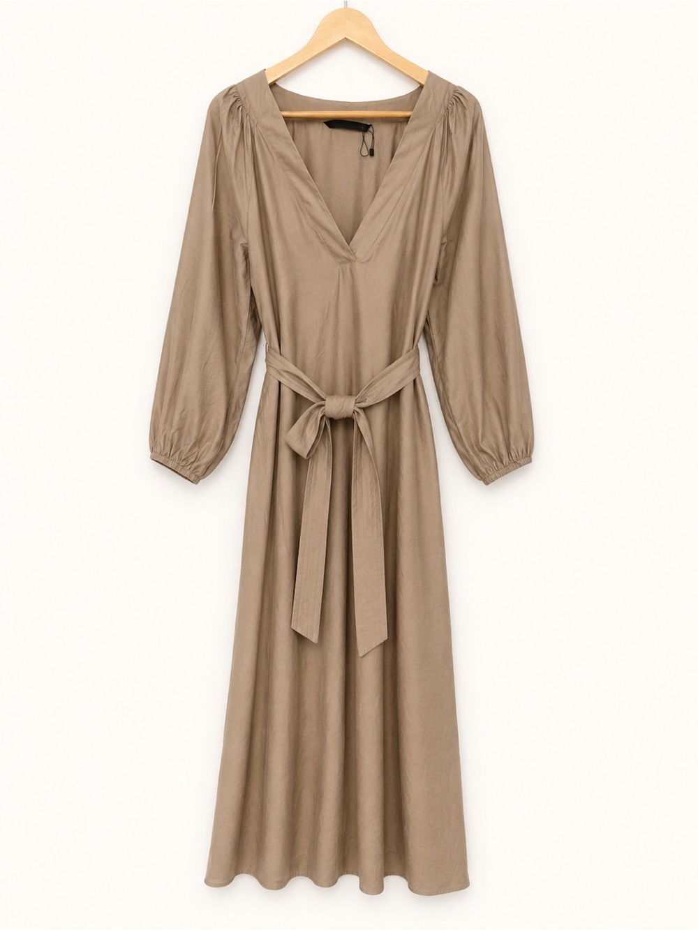 Zara Taupe Belted Midi Dress XS V Neck Puff Sleeve Flowy Satin Feel